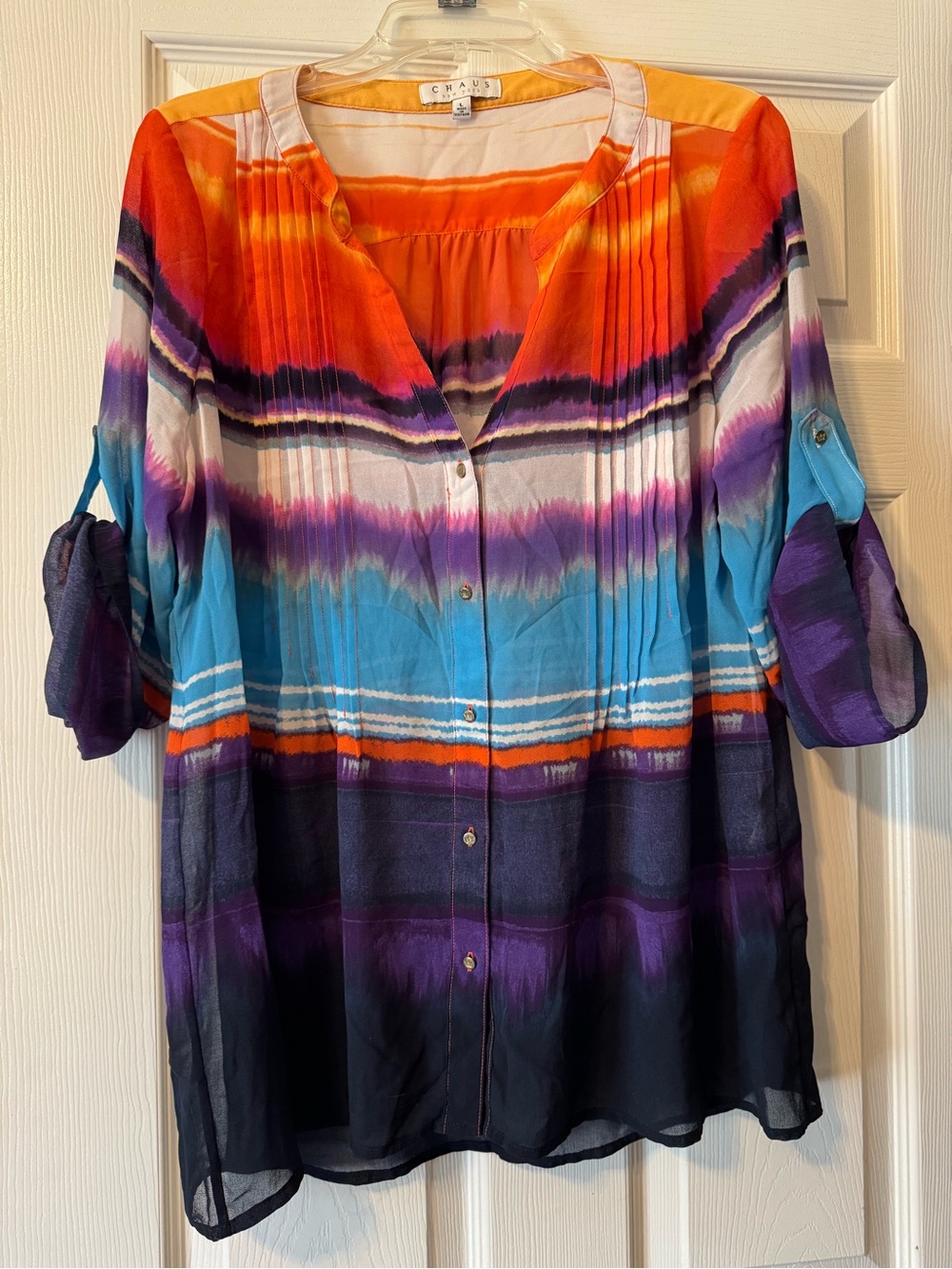 Chaus Multicolor Striped Button-Front Tunic - Orange, Blue, Purple, Black - Picture 2 of 5